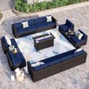 Patio Furniture Set with Fire Pit Table,15 Piece Outdoor Wicker Conversation Set