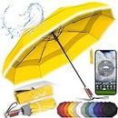 Royal Walk Windproof Folding Travel Umbrella Compact and Strong Luxurious Real Wood Handle Automatic Open Close Vented Double Canopy for Men and Women (Yellow)