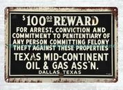 Arte de pared ideas Texas Medio Continente Petróleo y Gas Ass'n Recompensa letrero metal estaño