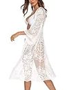 Women's White Lace Kimono Cardigan 3/4 Sleeve Floral Crochet Sheer Beach Cover Ups(One Size)