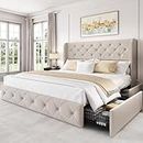 LARMACE Queen Size Bed Frame with 4 Storage Drawers and Tufted Headboard Linen Upholstered Platform Bed Frame Wingback Beds with Wooden Slats Support, Easy Assembly, Beige