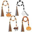 4 Pieces Halloween Wooden Bead Garland with Tassels Rustic Country Farmhouse Beads Wall Hanging Decor Boho Prayer Beads Home Decoration Tiered Tray Decor with Pumpkin, Cat and Skull for Halloween