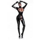 FEESHOW Women Sexy Wetlook Latex Catsuit with Mask PVC Faux Leather Jumpsuit Erotic Costume Clubwear 3# Black Medium