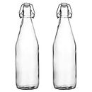CLVJ™ Swing Top Bottles 1 Liter (Pack) Round Clear Glass Grolsch Flip Top Bottle with Stopper, for Beverages, Smoothies, Kefir, Beer, Soda, Juicing, Kombucha, Water, Milk, Oil and Vinegar (Set of 2)