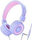 iClever Kids Headphones for Girls with Mic, 85/94dB Volume Control, Wired Headphones for Kids, Adjustable Headband, Foldable Children Headphones for iPad/Tablet/Airplane/School, Purple