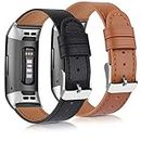 Tobfit Leather Band Compatible with Fitbit Charge 3 Bands & Fitbit Charge 4 Bands, Adjustable Top Grain Leather Wristband Replacement for Fitbit Charge 3 / Charge 4 Smart Watch Heart Rate Fitness Wristband (#D 2 PACK(Black+Brown))