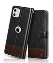 FLIPPED Vegan Leather Flip Case Back Cover for Apple iPhone 11 (Flexible, Shock Proof | Hand Stitched Leather Finish | Card Pockets Wallet & Stand | Black with Brown)
