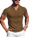 Gnvviwl Men's Muscle V Neck Polo Shirts Slim Fit Short Long Sleeve Cotton Golf T-Shirts Ribbed Knit Soft Tees, Coffee, Small