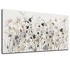 Abstract Floral Canvas Wall Art Grey Cream White Grass Flowers Canvas Pictures Modern Landscape Painting Botanic Artwork for Living Room Bedroom Kitchen Office Wall Decor Framed Ready to Hang 50×100CM