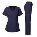 Dagacci Medical Uniform Women's Scrub Set Stretch and Soft Y-Neck Top and Pants, Navy, Large