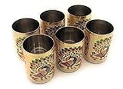 2heet Stainless Steel Handmade Meenakari Peacock Design Decorative Glass Set for Home Traditional Indian Style Set of 6 Glass (Golden Color), 250 ml