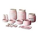 Goodscious Pink Ceramic Kitchen Mason Jars - Vintage Kitchenware Set - Measuring Cups, Measuring Spoons, Spoon Rest, Salt and Pepper Shakers, Sponge Holder, Cookie Jar and Utensil Crock - 14-Piece Set