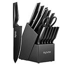Knife Set, syvio 14 Pieces Kitchen Knife Set with Block, Knife Block Set with Built-in Sharpener, Kitchen Knives Black for Chopping, Slicing, Dicing & Cutting