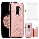 Phone Case for Samsung Galaxy S9 Plus with Tempered Glass Screen Protector and Card Holder Wallet Cover Stand Flip Leather Cell Accessories Glaxay S9+ 9S 9+ S 9 9plus S9plus Cases Women Rose Gold