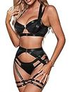 ssyyx Garter Lingerie for Women Sexy Strappy Lingerie,Matching 4 Piece Lace Lingerie Sets with Underwire Black