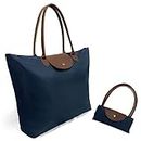 Tote Handle Bag,Lightweight Packable Stylish Handbag Foldable Zipper Travel shoulder Bag for Women -Navy blue