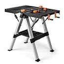 Costway 2-in-1 Foldable Work Table, Workbench & Sawhorse w/Clamping System & Shelf, Height-Adjustable, Metal Frame, Stable Clamping Table for DIY and Woodworking, Easy Storage