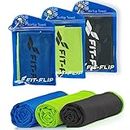Fit-Flip Kühlhandtuch 3er Set - Cooling Towel und mikrofaser Kühltuch - kühlendes Handtuch - Airflip Towel für Fitness und Sport - Ice Towel (schwarz-grün/grün/dunkel blau-grün, 100x30cm)