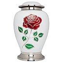 Ansons Urns White Cremation Urn with Colorful Enameled Rose - Funeral Urn with Large Long-Stem Flower on Front - Burial Urn for Human Ashes Large Adult Size - 100% Brass - 200 lbs