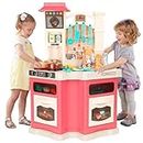 Kids Kitchen Playset with 44 PCS Accessories, Play Kitchen Set for Toddlers, Pretend Play Food Toys, Play Sink, Cooking Stove with Steam, Indoor/Outdoor Playset for Girls Boys Ages 3 4 5 6 7 8 (Pink)