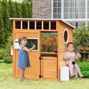 Kids Outdoor Wooden Playhouse, Garden Games Cottage, w/ Door Bench Blackboard