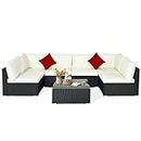 Costway 7 Pieces Outdoor Furniture Set, Patio Wicker Sofa Set with Tempered Glass Top Coffee Table, Sectional Conversation Set with Soft Cushions for Backyard, Garden, Poolside, Deck