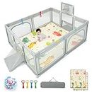 BABY JOY Baby Playpen with Double-Sided Mat, 186 x 156 cm Baby Playard w/Basketball Hoop, Soccer Nets, 4 Pull Rings, 50 Ocean Balls, Carrying Bag, Non-slip Suction Cups, Activity Center for Infants Toddlers, Gray
