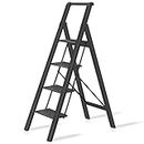 RIKADE 4 Step Ladder, Folding Step Stool Lightweight Aluminum Foldable Ladder Safety Anti-Slip Wide Pedal and Handgrip Portable Step Stool for Household Kitchen Office, 330 lbs Capacity (Black)