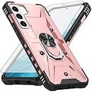 Compatible with Samsung Galaxy S21 Plus Glaxay S21+ 5G Phone Case Tempered Glass Screen Protector With Ring Holder Stand Kickstand Gaxaly S21+5G S21plus 21S + S 21 21+ G5 Cover for Women Men Rose Gold