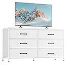 WLIVE Wide Dresser with 6 Drawers, TV Stand for 60" TV, Fabric Double Dresser, Large Storage Tower Unit, Chest of Drawers for Bedroom, Closet, Living Room, Hallway, White