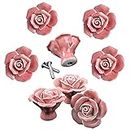 Knobs, 8Pcs Elegant Pink Rose Pulls Flower Ceramic Cabinet Knobs Cupboard Drawer Pull Handles + Scre