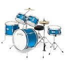 Ashthorpe 5-Piece Complete Junior Drum Set with Genuine Brass Cymbals - Advanced Beginner Kit with 16" Bass, Adjustable Throne, Cymbals, Hi-Hats, Pedals & Drumsticks - Blue
