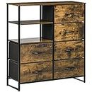HOMCOM Living Room Storage Cabinet, Industrial Accent Cabinet with 6 Fabric Bins, 2 Open Shelves for Living Room, Rustic Brown