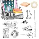 JUOPIEA Desk Organizers and Accessories Office Supplies 12PS Set with Acrylic Stapler, Staple Remover, Pen Holder, Clips, Scissor, Phone Holder, 1 Pen Ect