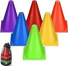Soccer Cones,7 Inch Cones Sports Training Agility Field Marker Plastic Cones for Skating Basketball Football Practice Drills, Indoor Outdoor Activity Events Games Obstacle Course - 6 Colors-12 Pack