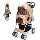 Costway Folding Pet Stroller, 4-Wheel Cat Dog Cage Stroller with Mesh Windows & Cup Holder & Storage Basket, One-Hand Folding, Portable Pet Travel Carrier Carriage for Small & Medium Pets (Beige, Normal)