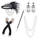 WOTOW 1920s Accessories for Women, Roaring 20s Costumes Great Gatsby Accessories with Feather Headband Gloves Earrings Neckalce Bracelet for Party, 5 Pcs