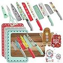 The Pioneer Woman Cutlery Set 20 Pc Pioneer Woman Knife Set Bundle with St. Nicholas Gingerbread Oven Mitt & Pot Holder Set - Chef, Santoku, Bread, Utility, Paring, Tomato Knives (Sweet Romance)
