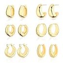 Wgoud Chunky Huggie Earring 14K Gold Hoop Earrings for Men Women Hypoallergenic, Thick Twist Earring (6 Prs Chunky Gold)