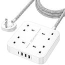LENCENT Extension Lead with 4 Way Outlets, 3250W 13A Power Strip, 1.8M Braided Extension Cord, 1 USB-C and 3 USB Slots, Multi Power Plug Extension for Home and Office, White