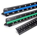BTSKY 3 Pack 12 Inches Triangular Architectural Engineering Metric Scale Rulers with Standard Metric Conversion Ruler, Aluminum Scale Measuring Ruler Tool,Black with Red,Green,Blue