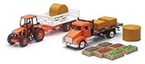 Kubota Newray Farm Playset With M5 Tractor Truck Trailer Bales & Crates 1/43 Scale Model Vehicles, Multicolor