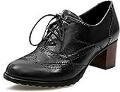 Odema Womens pu Leather Brogue Oxfords Wingtip Lace Up Dress Shoes High Heels Pumps