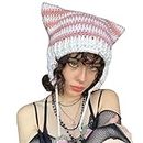 Y2K Crochet Hat for Women Kawaii Cute Knit Hat Vintage Beanie Cat Ear Grunge Fairy Slouchy Headgear Accessories (Pink)
