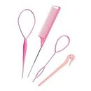 Topsy Tail Hair Tools, 4pcs Hair Styling Tools for Girls, 2pcs French Braiding Tool Hair Loop Styling Tool 1pc Elastic Hair Bands Cutter, 1pc Rat Tail Comb for Children Girls(Pink)