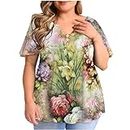 Tops de Talla Grande Mujer Camiseta botones y Estampado Floral Leopardo Camiseta Manga Corta Cuello en V Blusa Camisetas R1-Green XX-Large