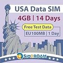 Données USA Uniquement Carte SIM 14 Jours | 4 Go de données Internet 5G LTE | Données de Test GRATUITES 100 Mo/1 Jour en Europe|Carte SIM de Voyage|Deux opérateurs locaux américains, AT&T et T-Mobile