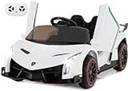 INFANS 2 Seater Kids Ride on Car, 12V 4WD Licensed Lamborghini Veneno Powered Electric Vehicle with Hydraulic Doors, Rocking Mode, Adjustable Speeds, Remote Control, MP3, Headlight (White)