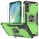 for Samsung S21 FE Case, S21 FE Case with HD Screen Protector, HNHYGETE 360°Military Grade Rotatable Kickstand (Heavy Duty) Shockproof Protective Cases for Samsung S21 FE (Green)