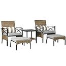 Outsunny 5 Piece PE Rattan Garden Furniture Set, 2 Armchairs,2 Stools, Steel Tabletop with Wicker Shelf, Padded Outdoor Seating, Khaki